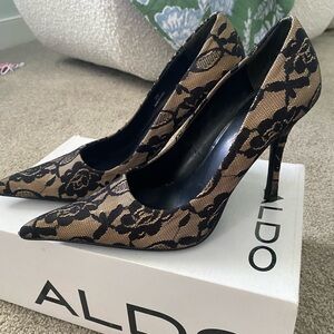 Aldo Black and Tan Floral Heels